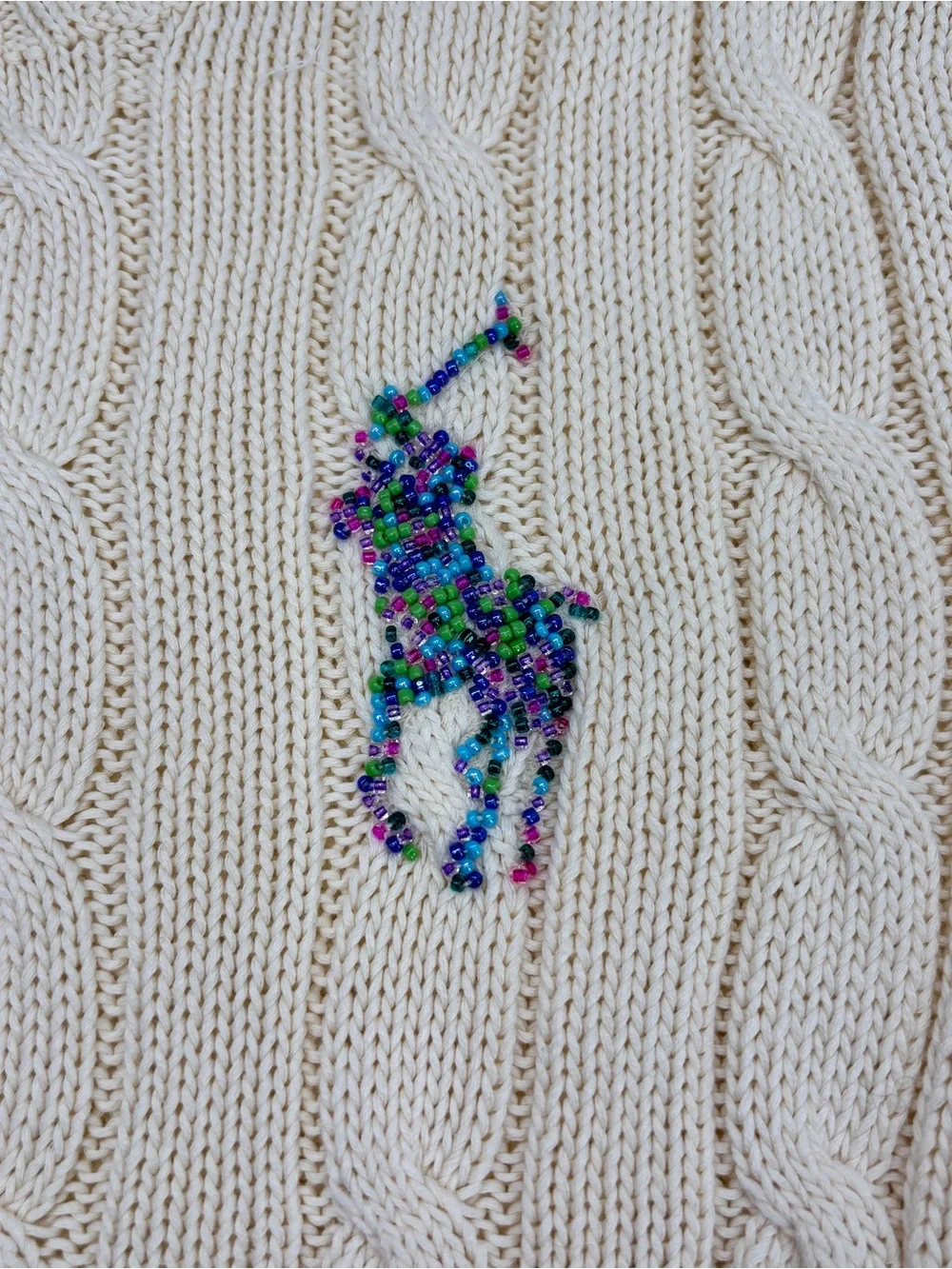 POLO RALPH LAUREN Beaded Big Pony Sweater Women’s S Cream Cable Knit Pima Cotton - Picture 5 of 13